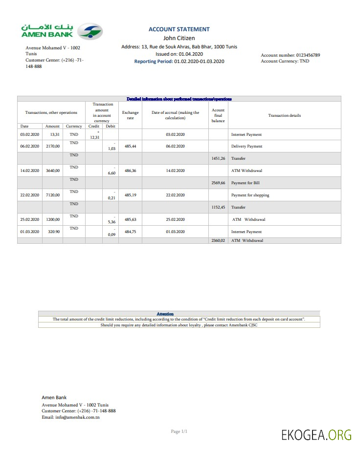 Modèle de relevé de la Banque Amen Tunisie facile à remplir au format Word et PDF